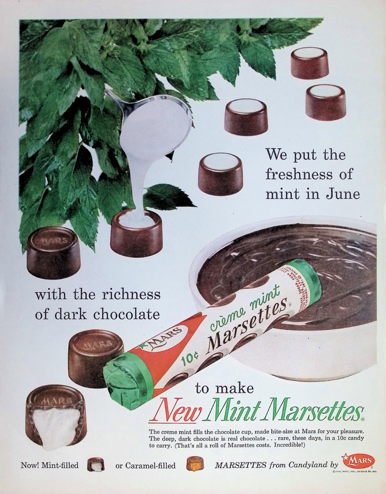 Original 1959 Mars Marsettes Ad: Crème Mint Chocolate Candy Cup Roll Fresh Food