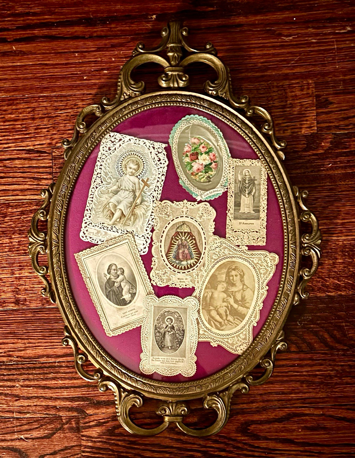 Antique Victorian Gilt Brass Frame with 19th-Century Catholic Holy Cards /Prints