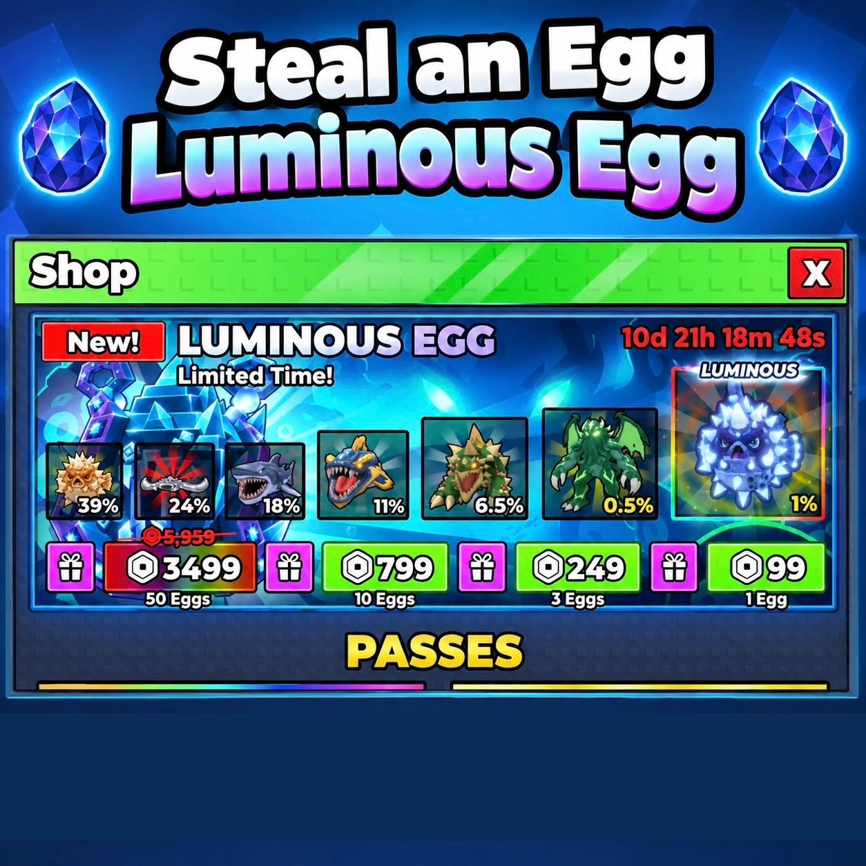 Steal an Egg Luminous EGG - 3, 10, 50 FAST CHEAPEST Steal an Egg Luminous EGG - 3, 10, 50 FAST CHEAPEST