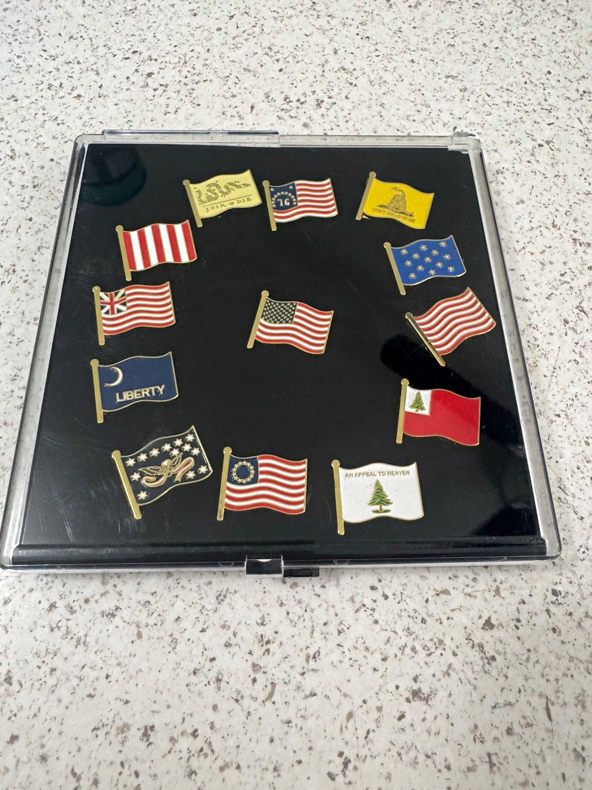 12pc Patriotic Flag Lapel Pin Lot with Display Case