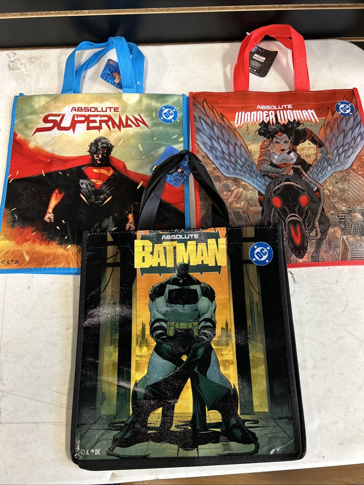 Absolute Batman , Superman, & Wonder Woman Reusable Tote Bag Set of 3 - NEW Absolute Batman , Superman, & Wonder Woman Reusable Tote Bag Set of 3 - NEW