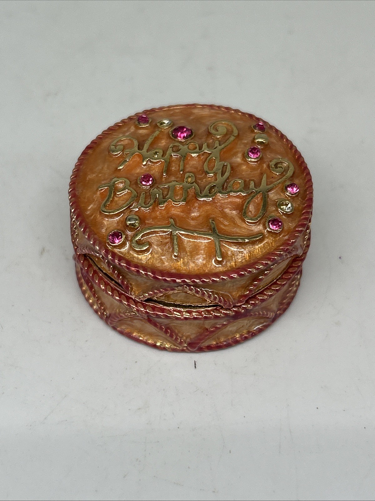 MONET Trinket Box Happy Birthday Cake Enamel Keepsake Pink Jewels 1.75”
