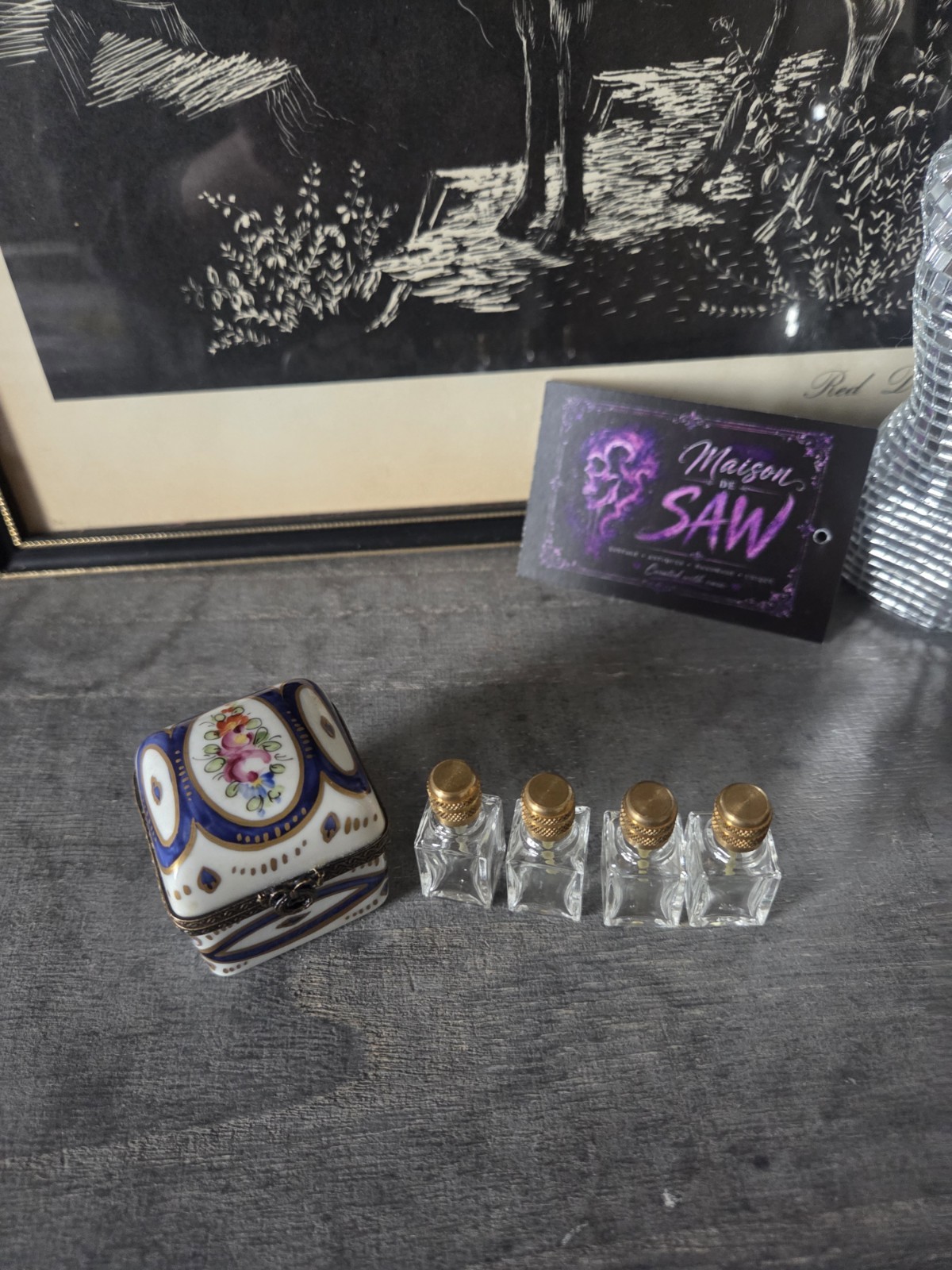 Vintage Hand Painted Limoges Porcelain Trinket Box  4 Mini Scent Bottles Perfume