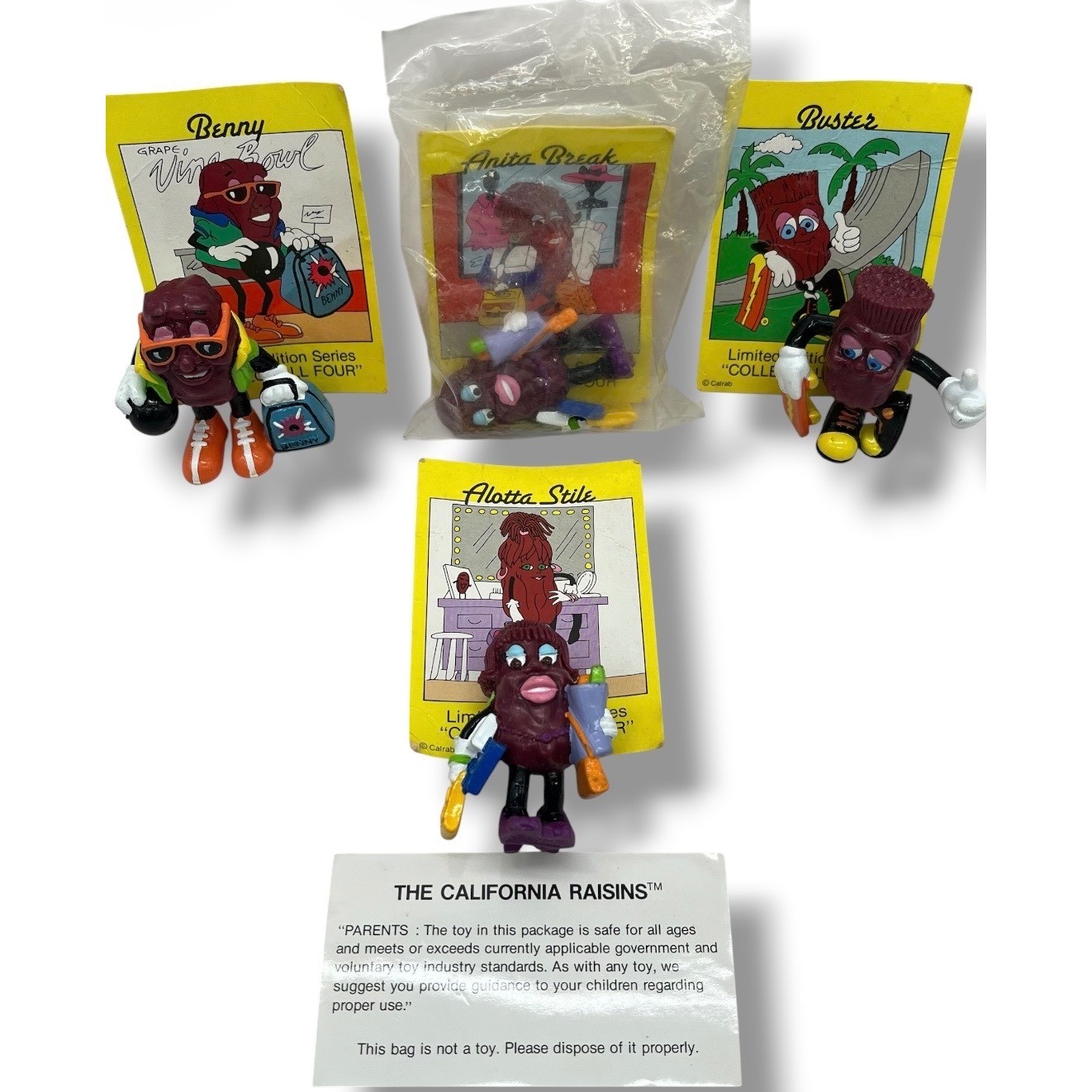 Vintage 1991 Hardees California Raisins Family of the 90s Set of 4 Figures Cards