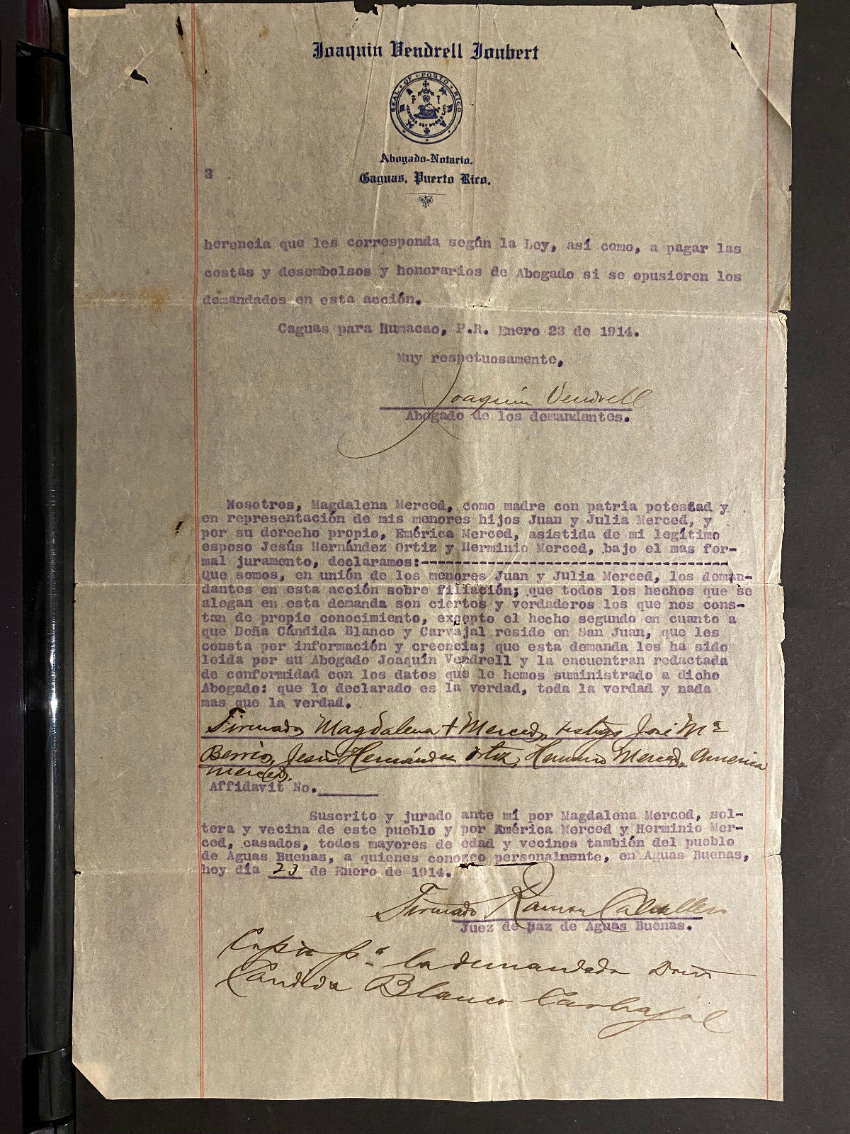 Puerto Rico 1914, CAGUAS, Carta Legal, Joaquin V. Joubert/Abogado, sin verificar