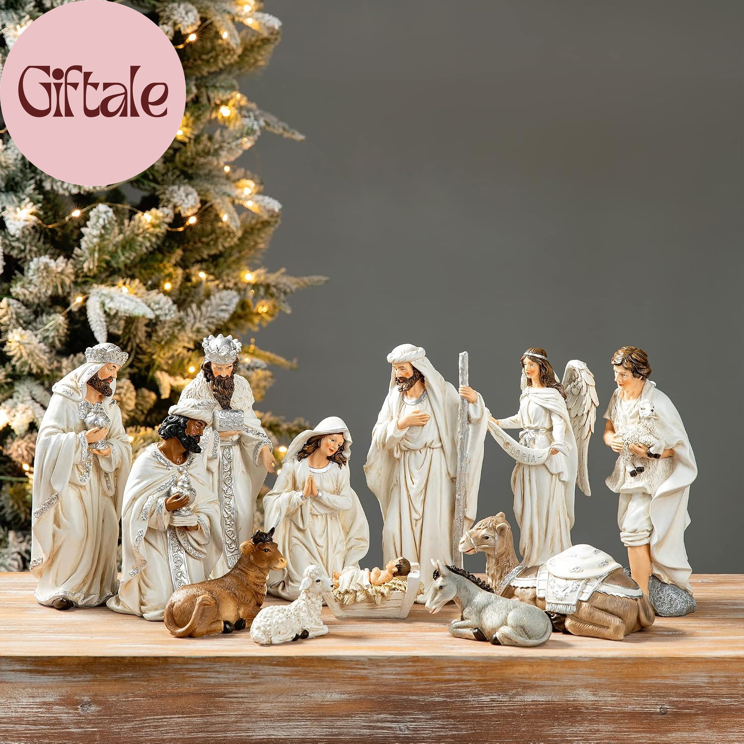 12Pcs Ivory Resin Nativity Figurines Set Christmas Nativity Sets Tabletop Scenes