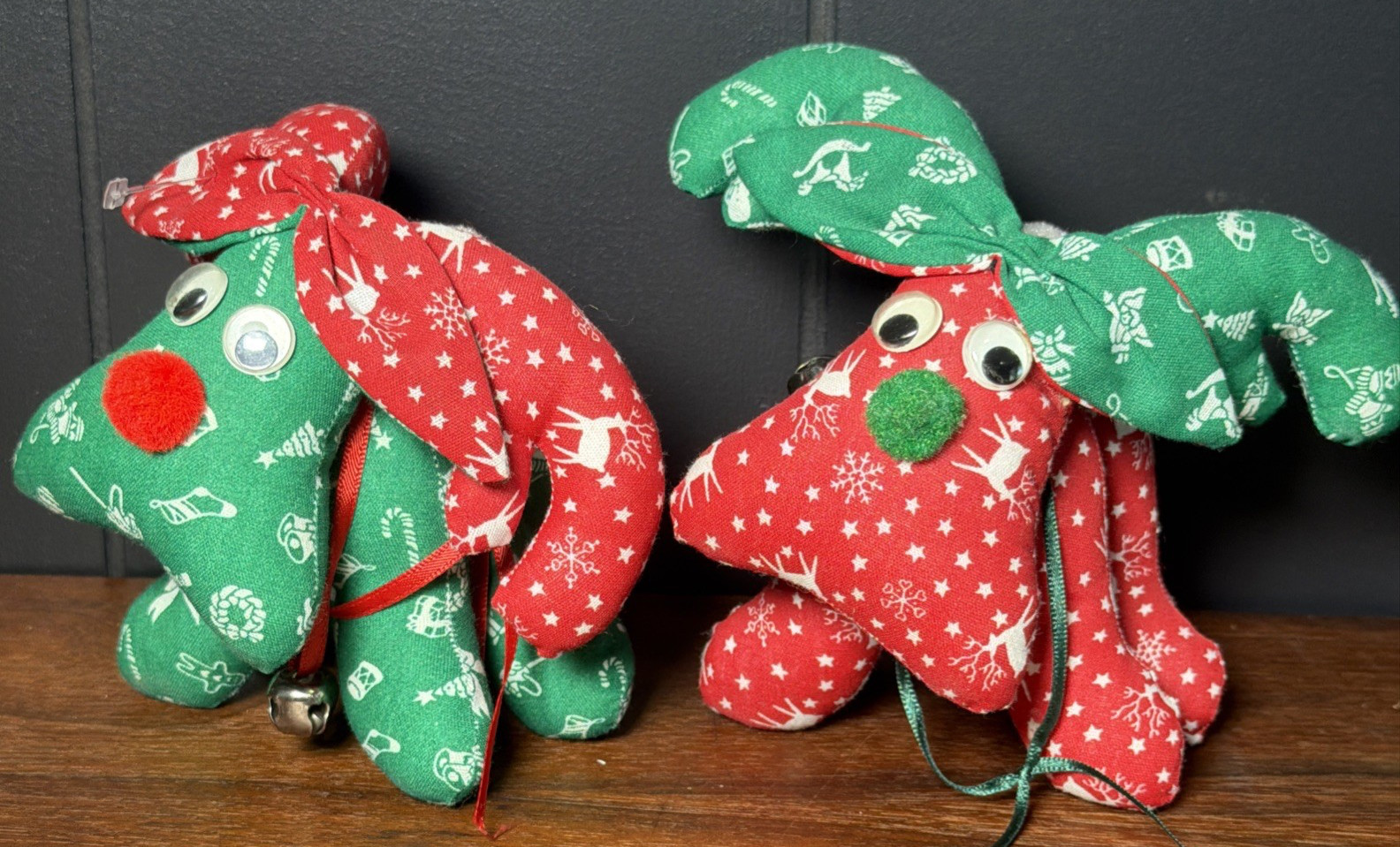 Set Of Two Vintage Homemade Reindeer Oniments Green Red 