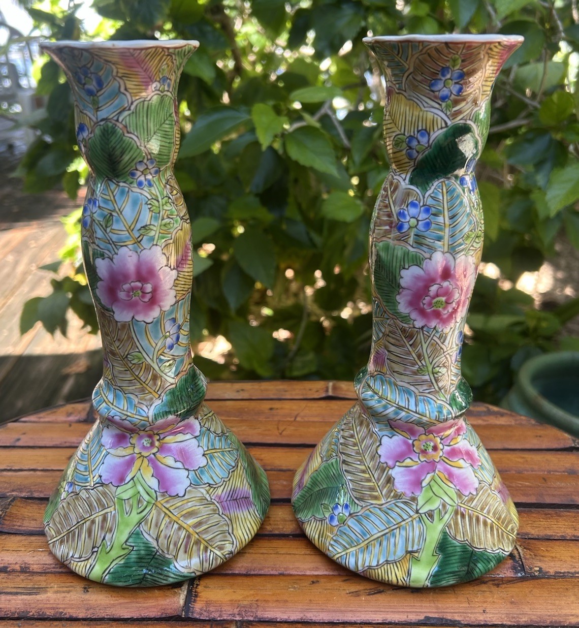Antique VTG Pair Of Chinese Porcelain Tobacco Leaf Design Candle Holders Antique VTG Pair Of Chinese Porcelain Tobacco Leaf Design Candle Holders