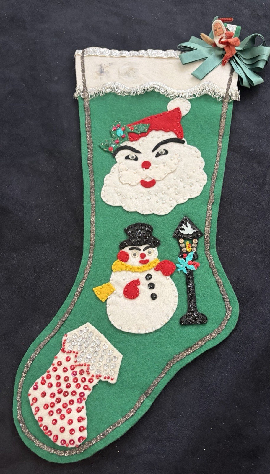 Vtg. Felt Sequin Christmas Bucilla Stocking Santa Handmade 19” & Hard Face Santa