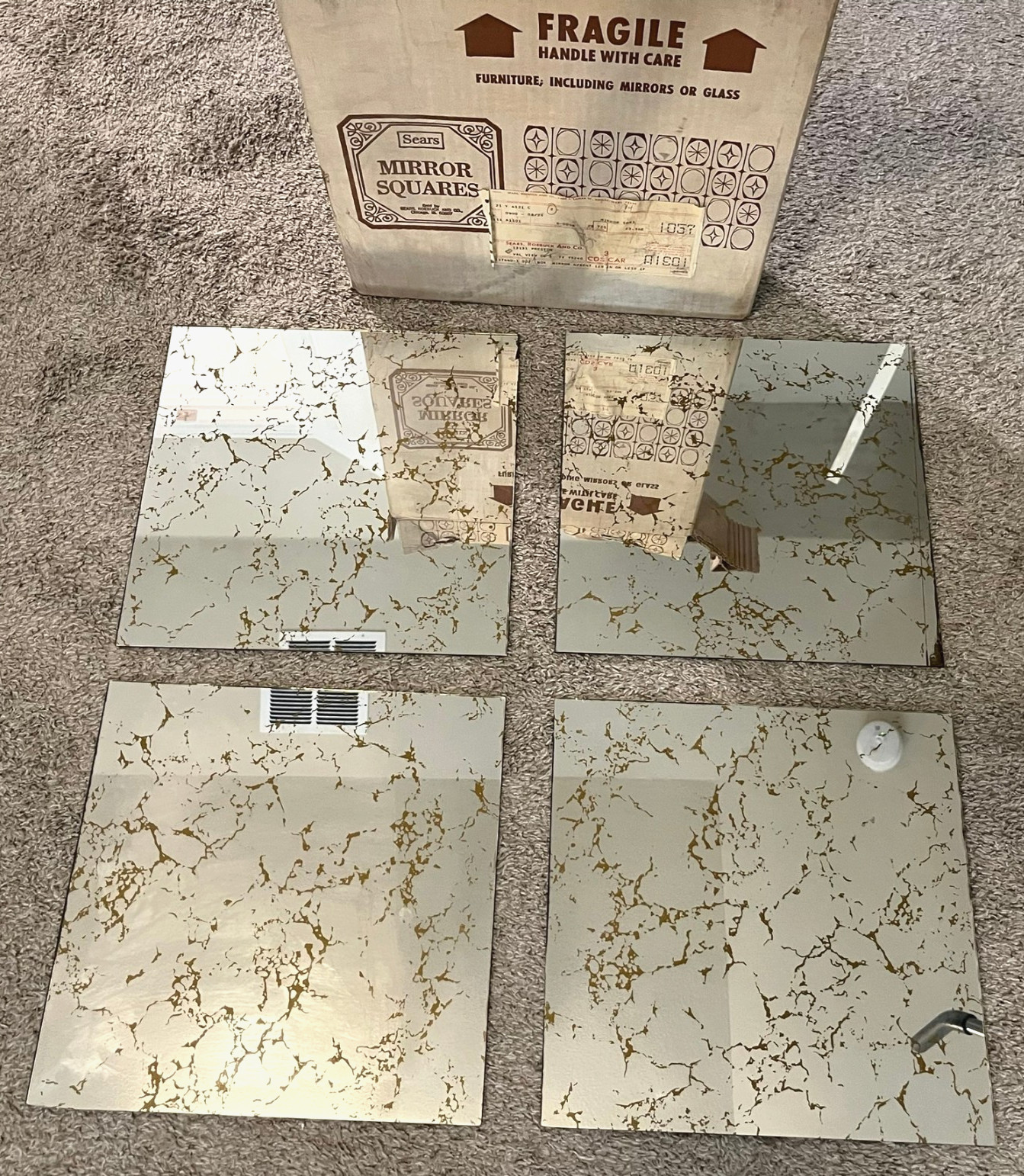 (4) Vintage SEARS 1970s MCM Mirror Tiles Gold Vein Glass - Hanging Decor 12 (4) Vintage SEARS 1970s MCM Mirror Tiles Gold Vein Glass - Hanging Decor 12