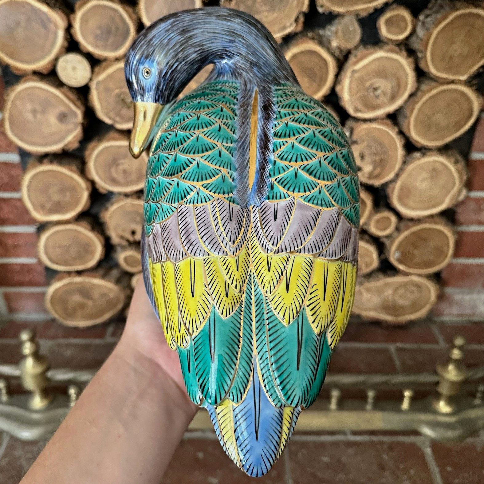 Vintage Large Porcelain Hand Painted Duck Figurine Bird Statue Blue Green Yellow Vintage Large Porcelain Hand Painted Duck Figurine Bird Statue Blue Green Yellow