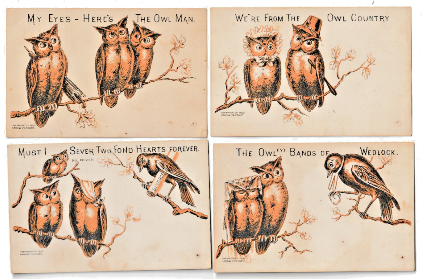1882 Hard & Parsons Lot of 4 Owls Anthropomorphic Humor Victorian Trade Cards 1882 Hard & Parsons Lot of 4 Owls Anthropomorphic Humor Victorian Trade Cards