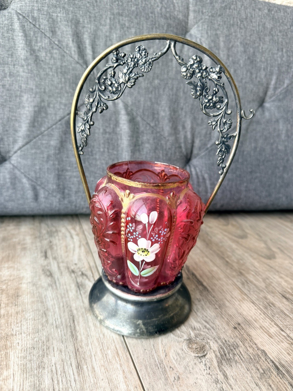 Antique Victorian Pickle Castor Hand Painted Cranberry Glass Insert Collectable Antique Victorian Pickle Castor Hand Painted Cranberry Glass Insert Collectable