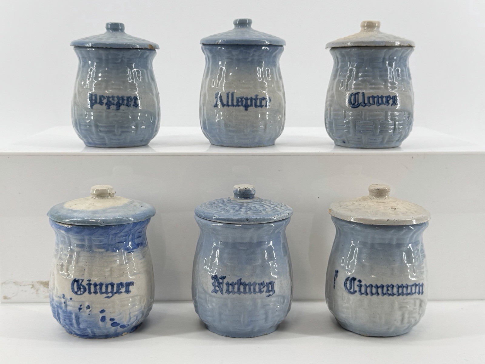 Antique Set Of 6 Blue and White Basketweave Stoneware Spice Jars McCoy Antique Set Of 6 Blue and White Basketweave Stoneware Spice Jars McCoy
