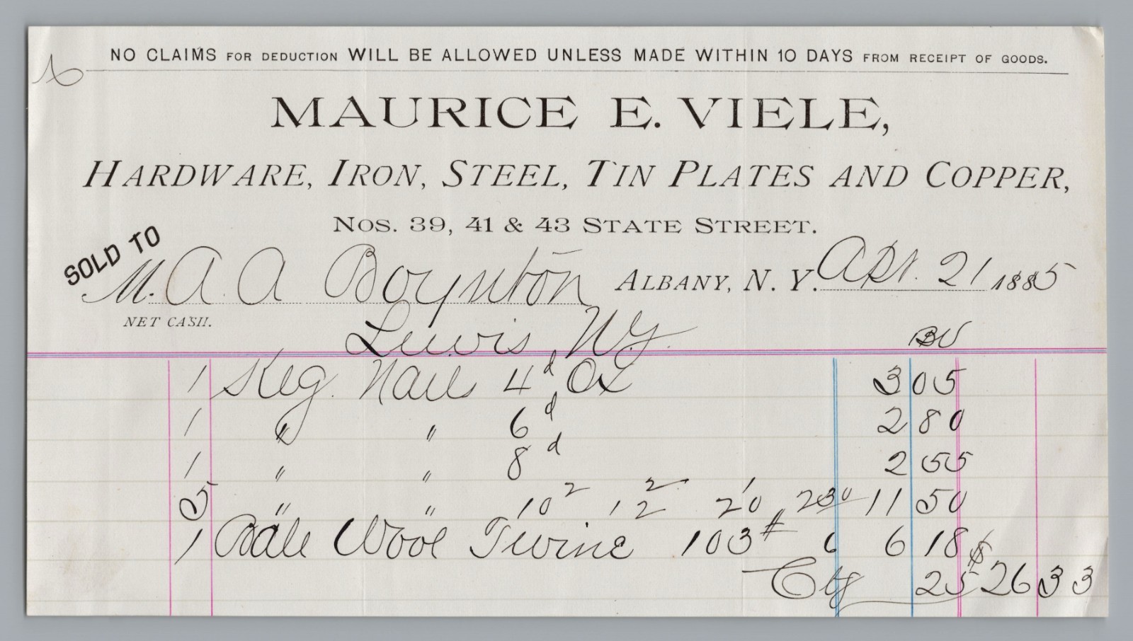 1885 Maurice E Viele Albany NY Hardware Billhead Invoice Receipt Lewis NY Scarce