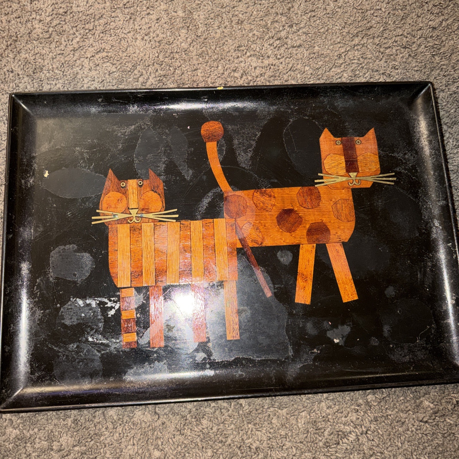 Vtg 1960s MCM Couroc Wood/Brass Inlay 2 Kittens Cats Handcrafted Tray Stained
