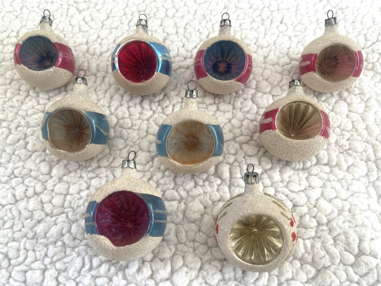 Vintage Christmas FROSTED GLASS INDENT REFLECTOR ORNAMENTS - LOT OF NINE Vintage Christmas FROSTED GLASS INDENT REFLECTOR ORNAMENTS - LOT OF NINE
