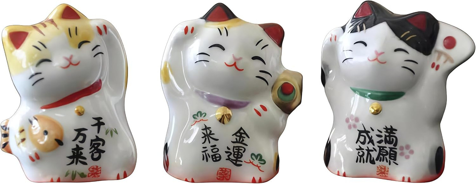 3-Piece Maneki Neko Cat Figurine Set, Mini Japanese Ceramic Lucky Beckoning Cat 3-Piece Maneki Neko Cat Figurine Set, Mini Japanese Ceramic Lucky Beckoning Cat