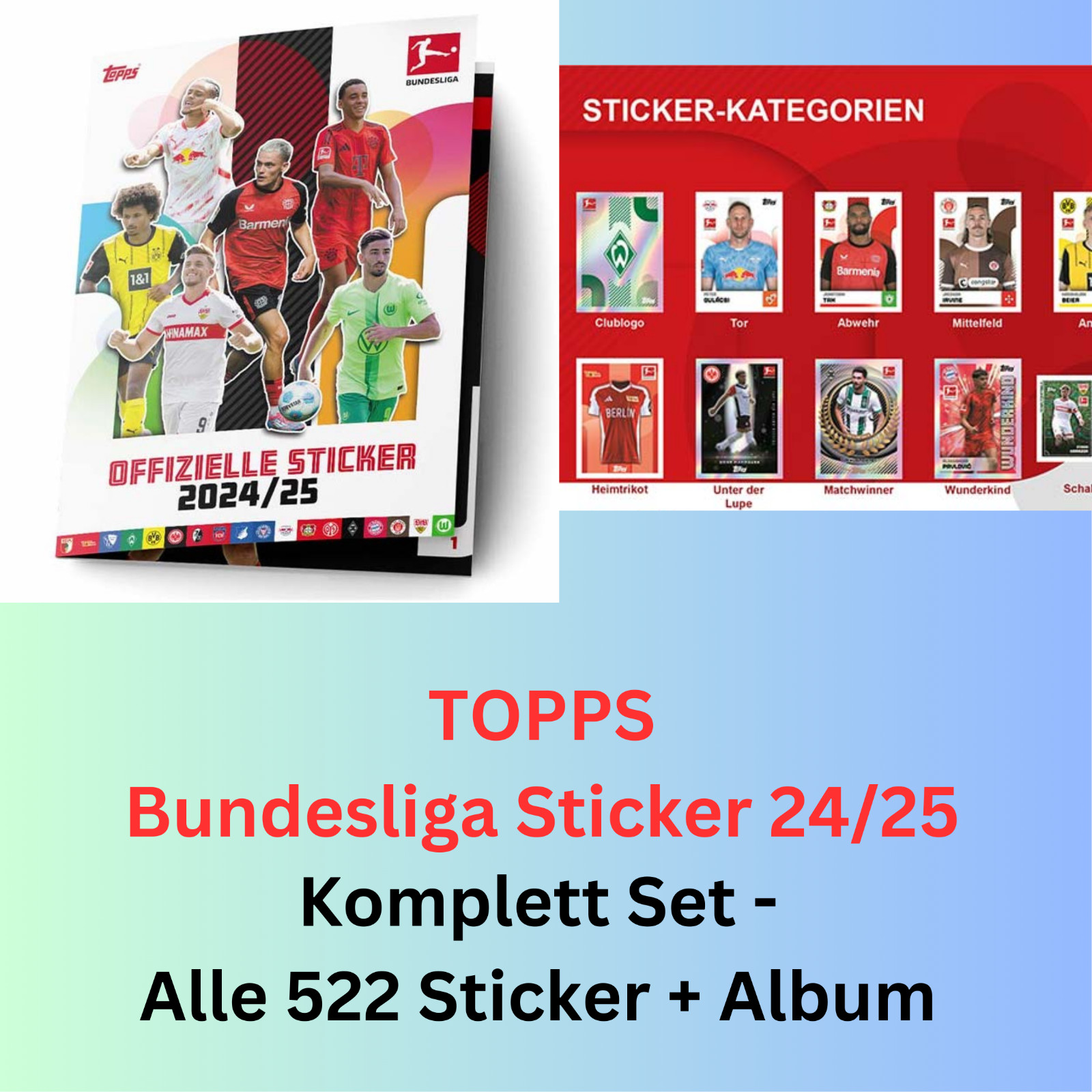 Topps Bundesliga Stickers 24/25 2024/2025 - 522 Stickers Complete + Album + Bag Topps Bundesliga Stickers 24/25 2024/2025 - 522 Stickers Complete + Album + Bag