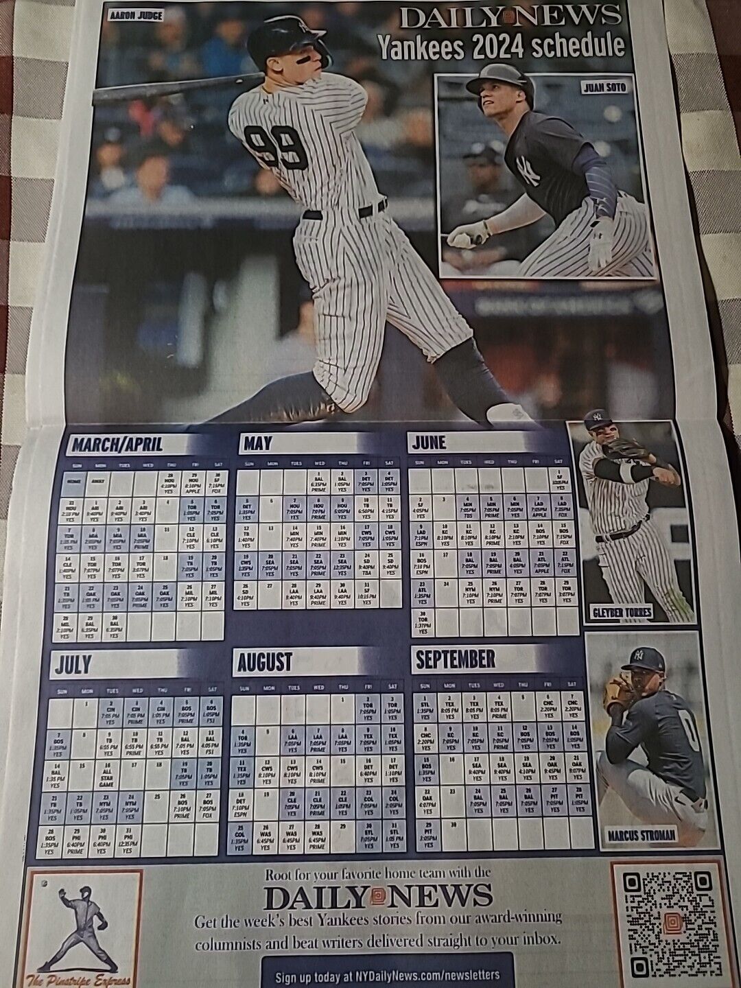 AARON JUDGE JUAN SOTO YANKEES PREVIEW WALL SCHEDULE POSTER NY DAILY NEWS 2024
