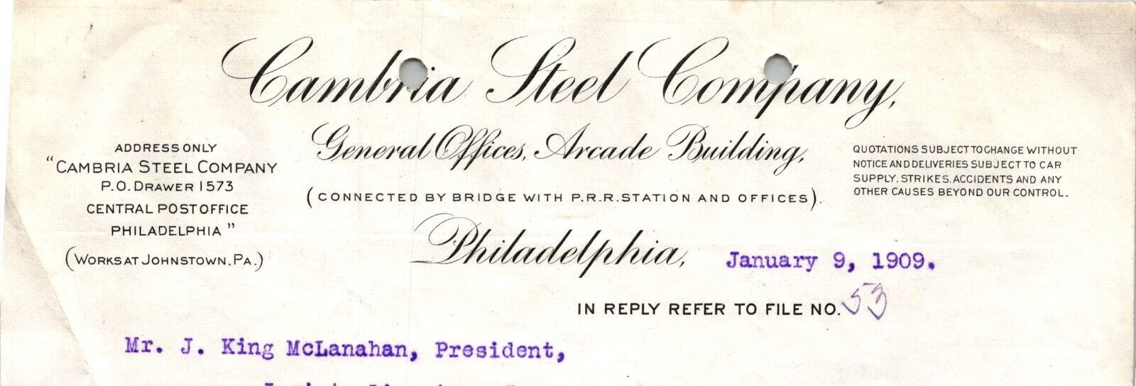Antique 1909 CAMBRIA STEEL COMPANY GENERAL OFFICES PHILADELPHIA PA BL163 Antique 1909 CAMBRIA STEEL COMPANY GENERAL OFFICES PHILADELPHIA PA BL163