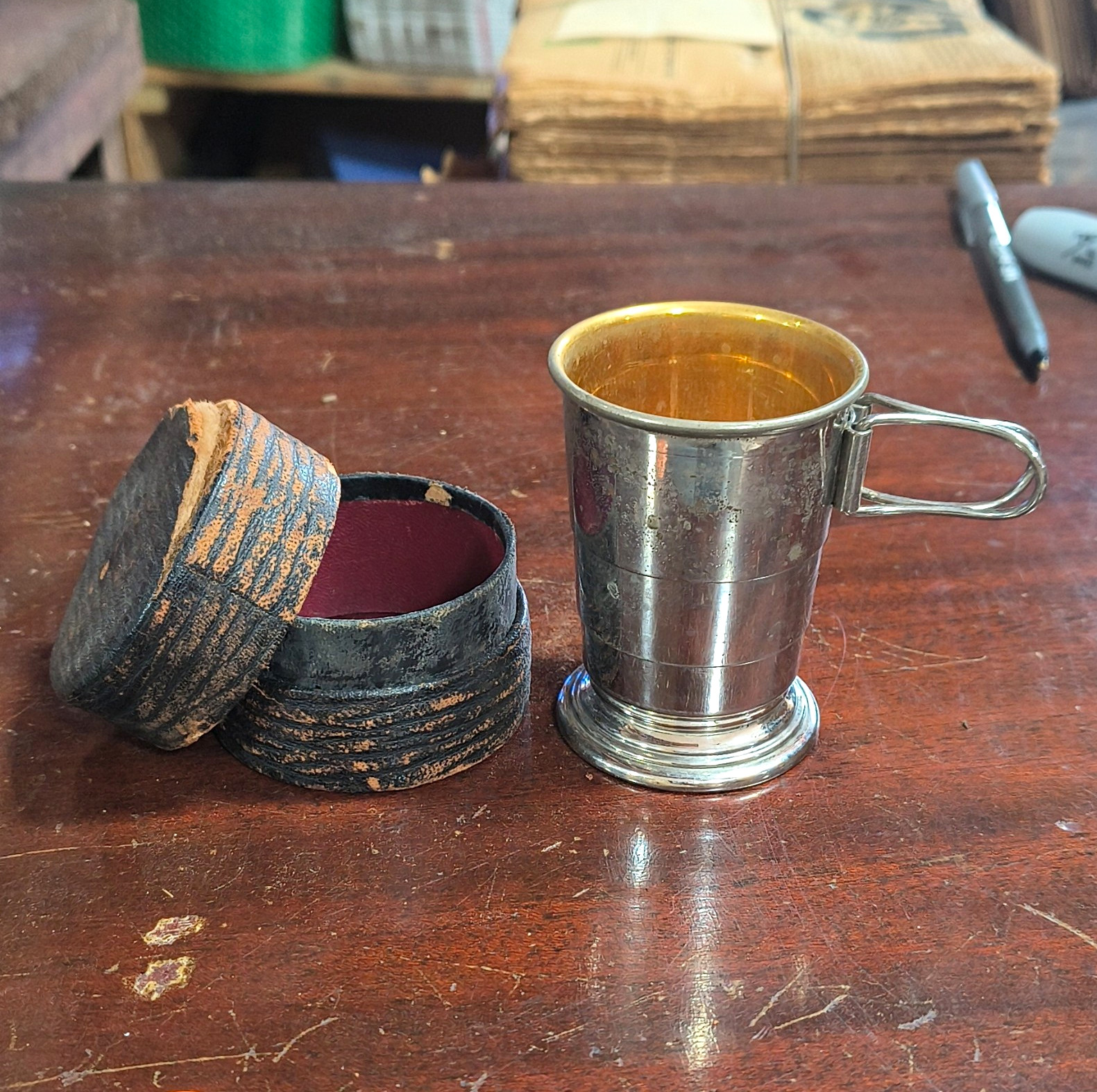 Antique Collapsible Shot Glass And Case With Handles Copper Silver Cup Set Of 1 Antique Collapsible Shot Glass And Case With Handles Copper Silver Cup Set Of 1