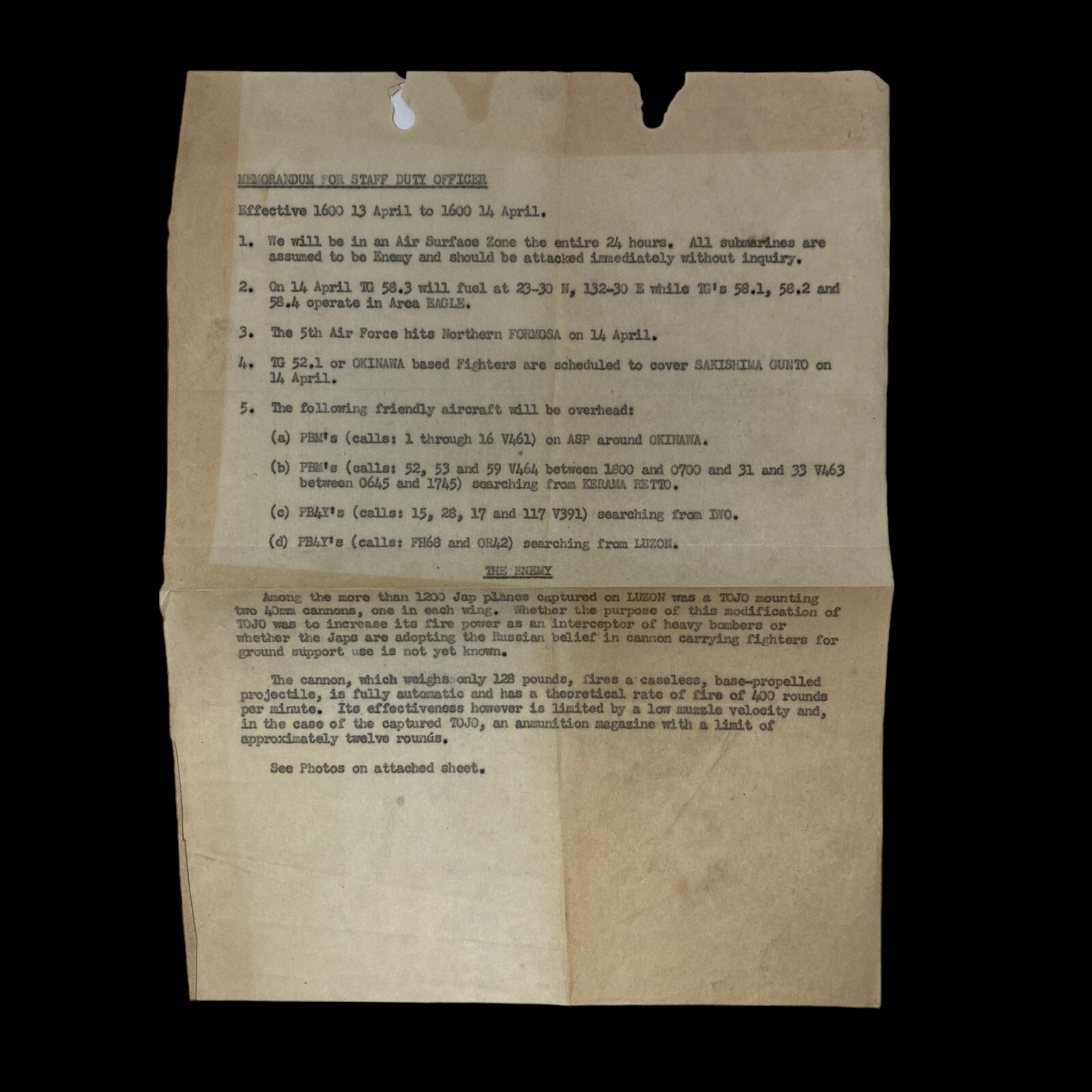 RARE WWII April 13th 1945 USS Hornet Okinawa Navy Pacific Theater Combat Report