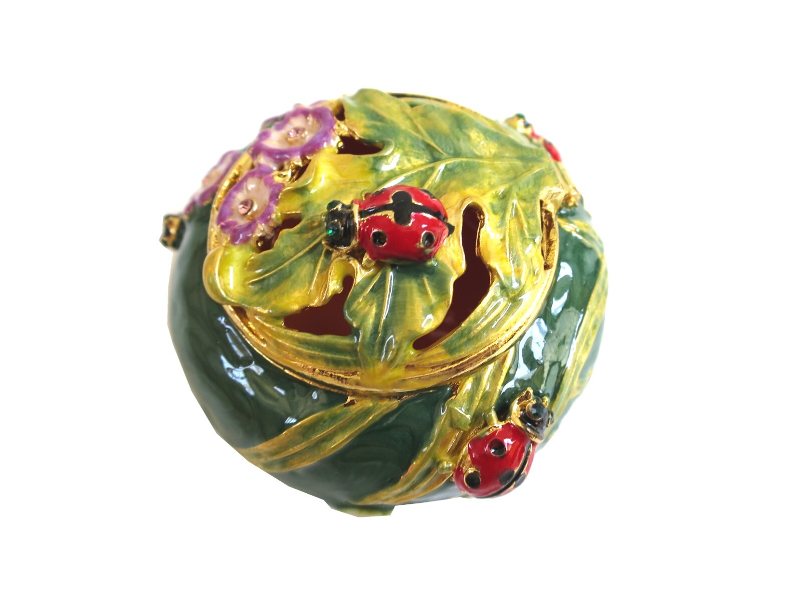 Bejeweled ladybug on leaf Hinged Metal Enameled Crystal Trinket box Bejeweled ladybug on leaf Hinged Metal Enameled Crystal Trinket box