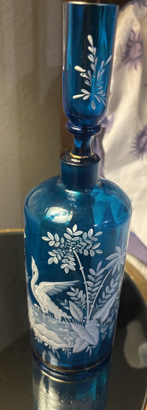 Antique Bristol Blue Glass Decanter & Unusual Stopper Birds Enameled Antique Bristol Blue Glass Decanter & Unusual Stopper Birds Enameled