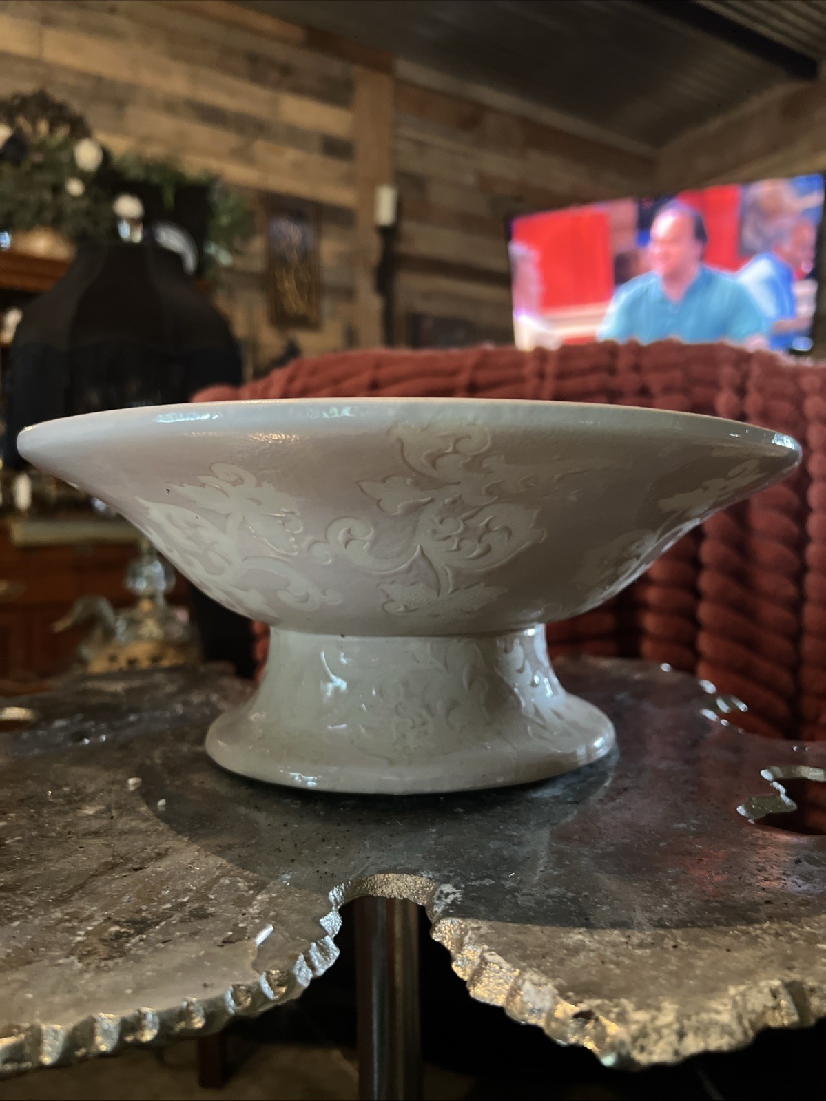 vintage white & Pale Pink porcelain footed bowl/vase with raised floral motifs vintage white & Pale Pink porcelain footed bowl/vase with raised floral motifs