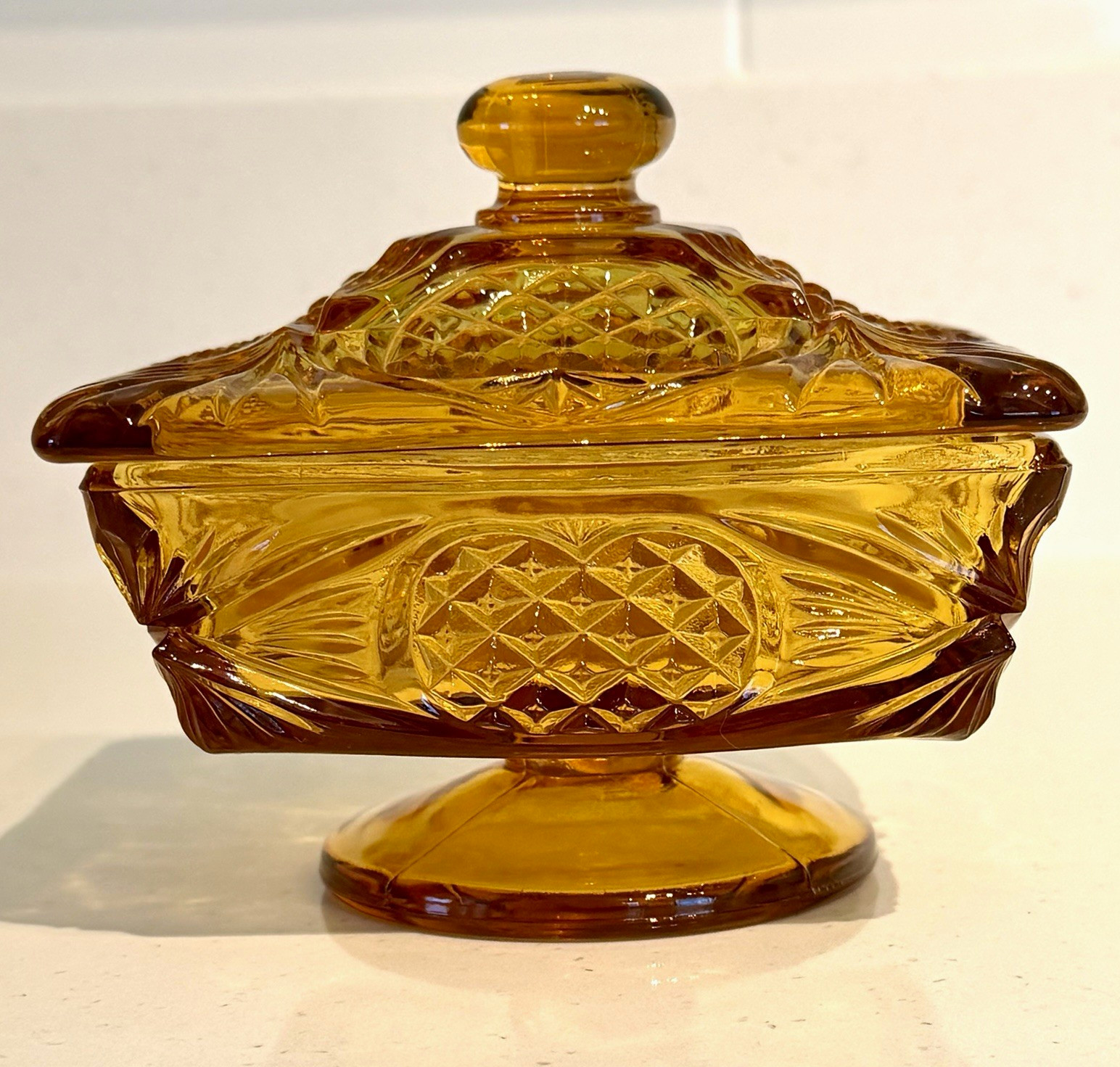 Vtg Indiana Glass Amber Diamond Point Square Pedestal Covered Candy Dish Lid *