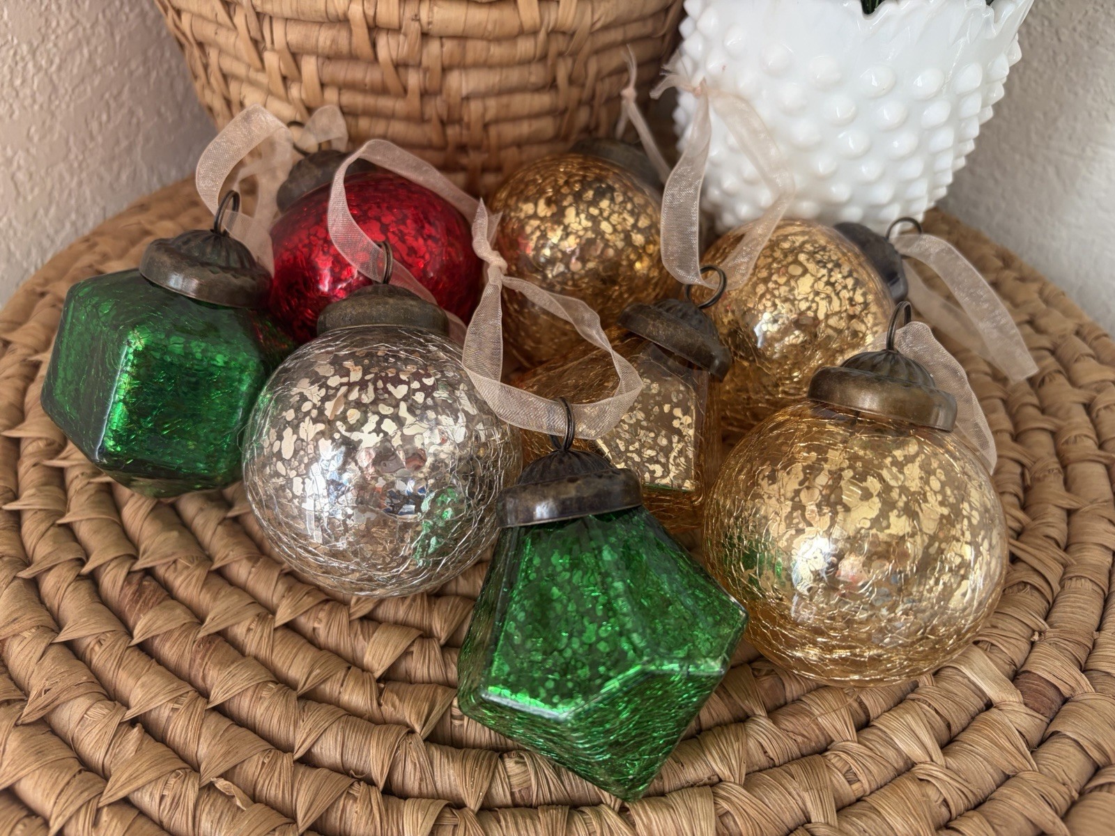 8 Vintage German Style Kugel Ornament Mercury Glass HEAVY Crackle Red Green Gold