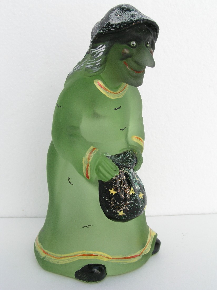 Fenton Art Glass Satin Green Halloween Witch Sparkles Bats Bag artist C. Smith Fenton Art Glass Satin Green Halloween Witch Sparkles Bats Bag artist C. Smith