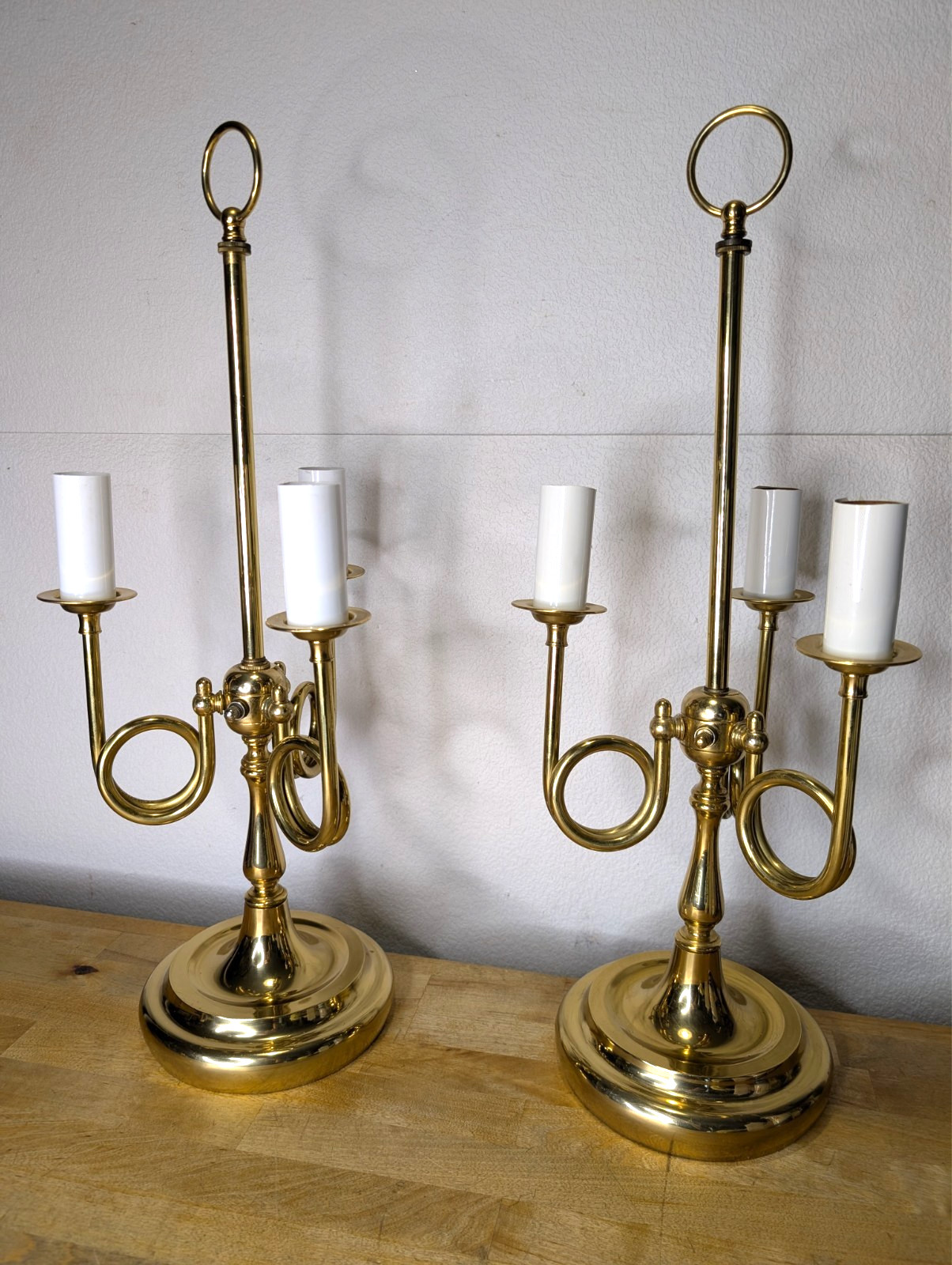 Pair Vintage Brass Bouillotte Style 3-Light Candelabra Table Lamps 22\
