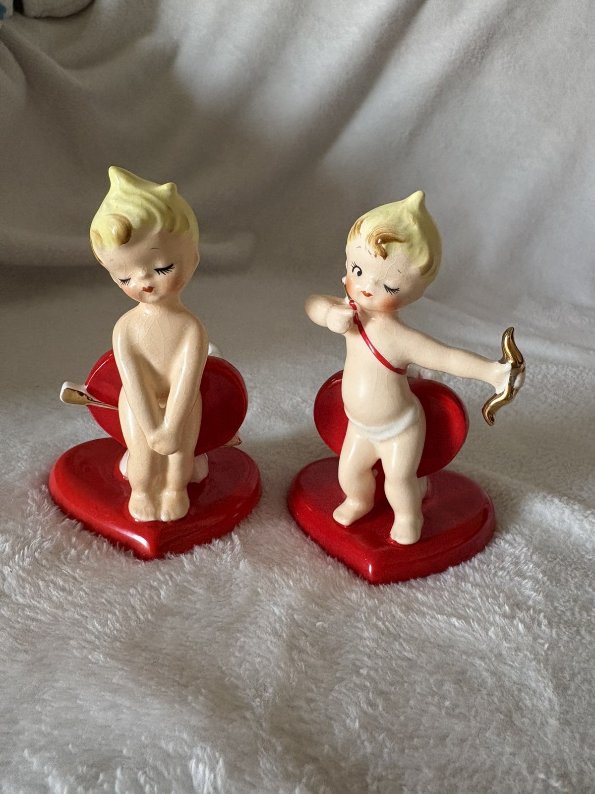 Vintage Rare 1958 Napco Valentine Candle Holders Cupid Cherub Red Heart REPAIRED Vintage Rare 1958 Napco Valentine Candle Holders Cupid Cherub Red Heart REPAIRED