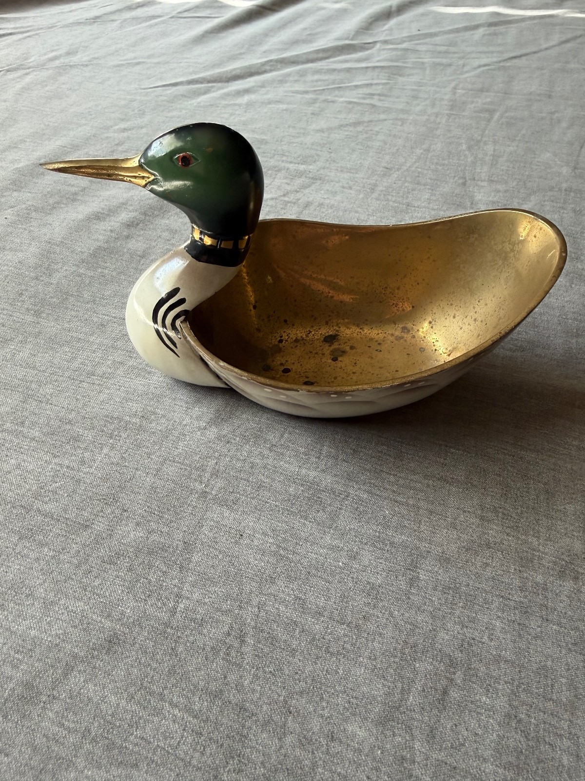 Vintage Painted Mallard Duck Brass Trinket Dish Patinaed