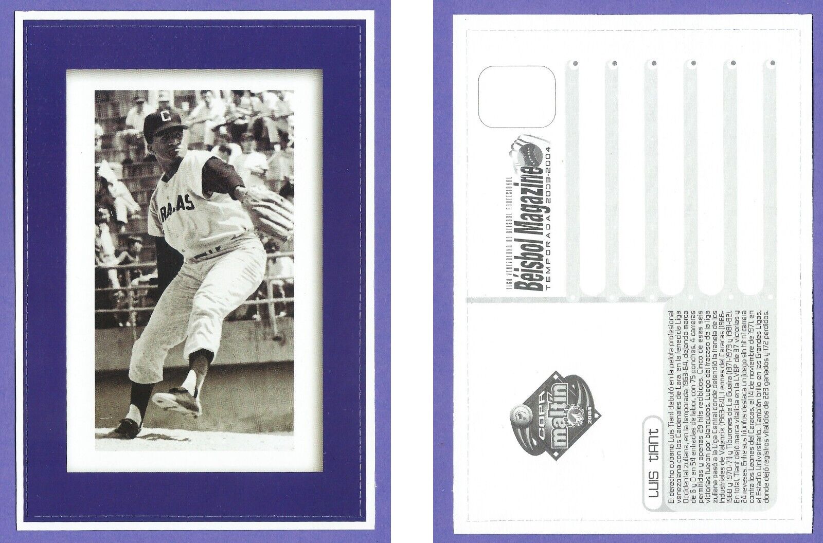 Venezuelan Baseball  postal card LUIS TIANT -purple serie RARE 