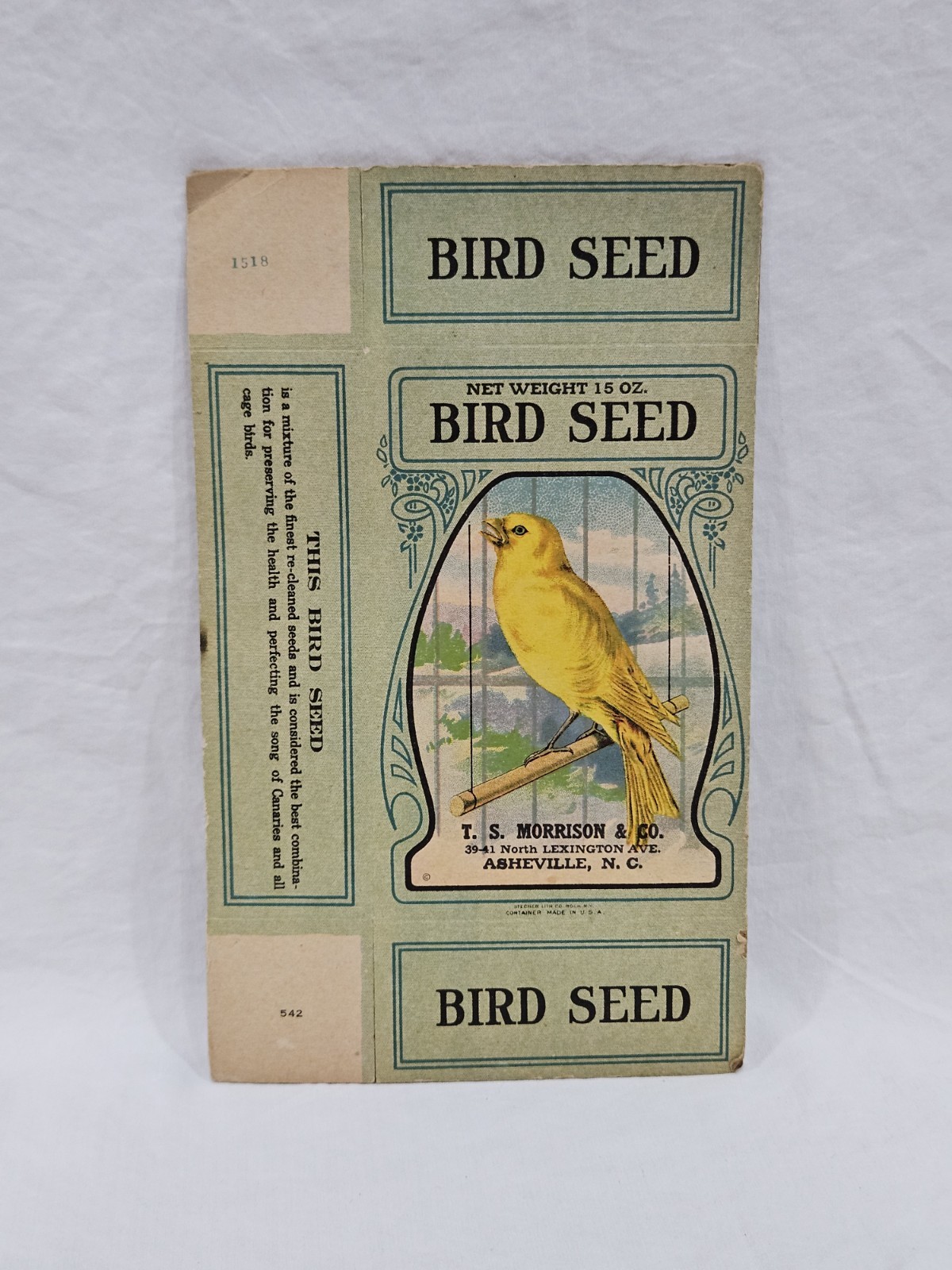 Vintage 1930s T.S. Morrison Asheville NC Bird Seed Box Flat Canary Advertising