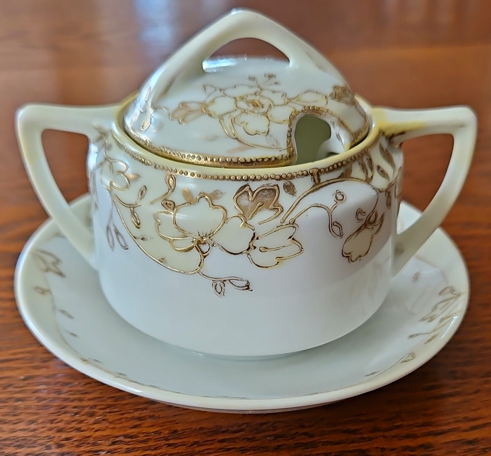 Nippon Mustard, Condiment Pot, Saucer, Lid. Floral Gold Antique Hand Painted Nippon Mustard, Condiment Pot, Saucer, Lid. Floral Gold Antique Hand Painted