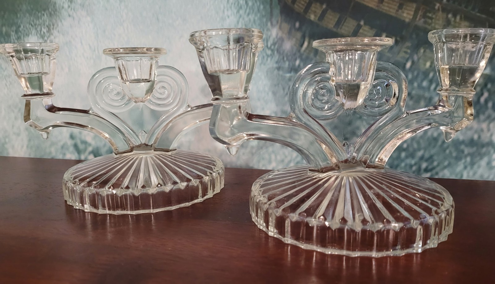 Vintage Jeannette Glass Cosmos Clear 3 Light Candlestick Holders Pair Art Deco