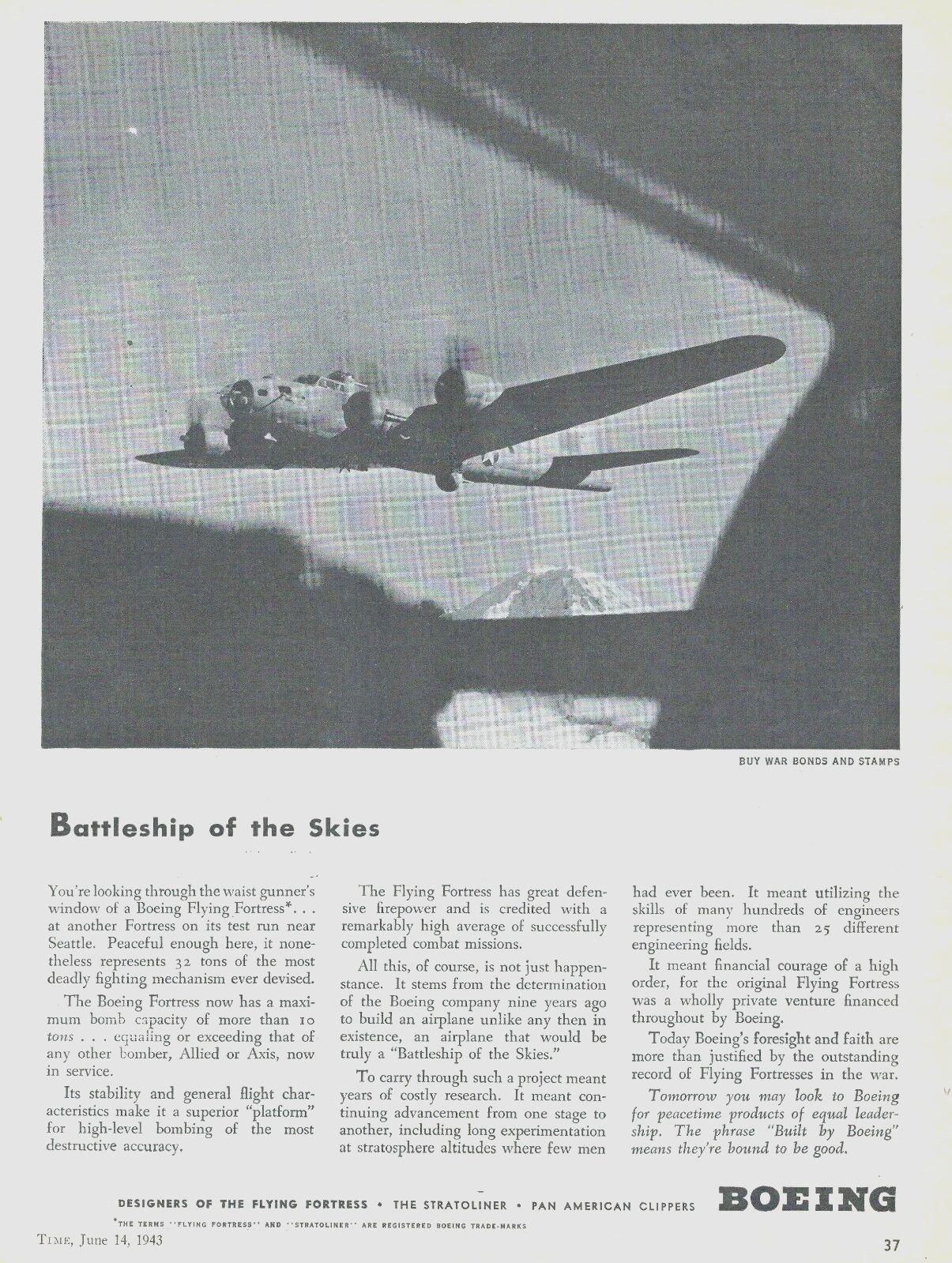 1943 WWII BOEING STRATOLINER Air Force military bomber VTG PHOTO PRINT AD plane