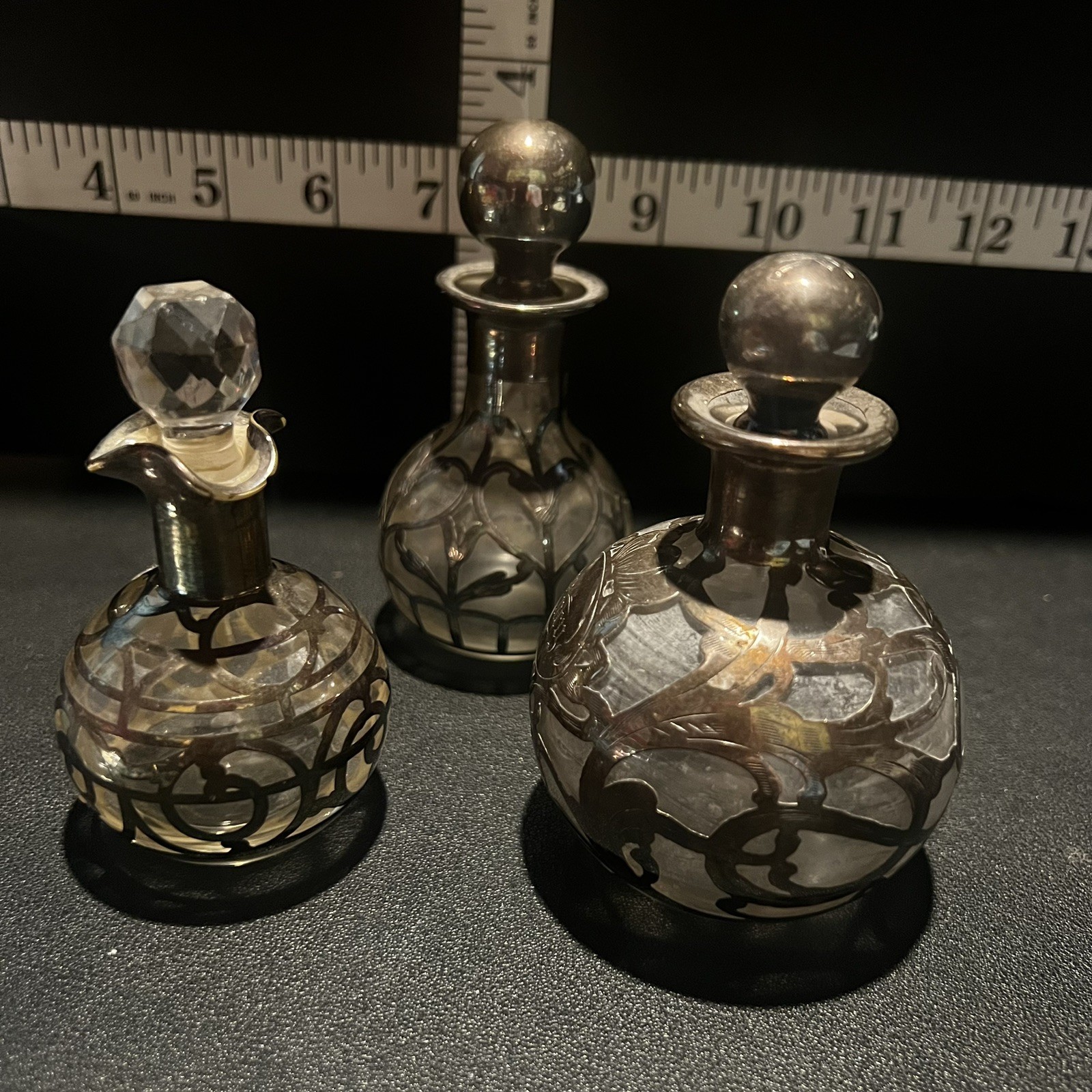 3 Antique Perfume Bottles & Stopper Glass with Sterling Overlay Handmade C 1900