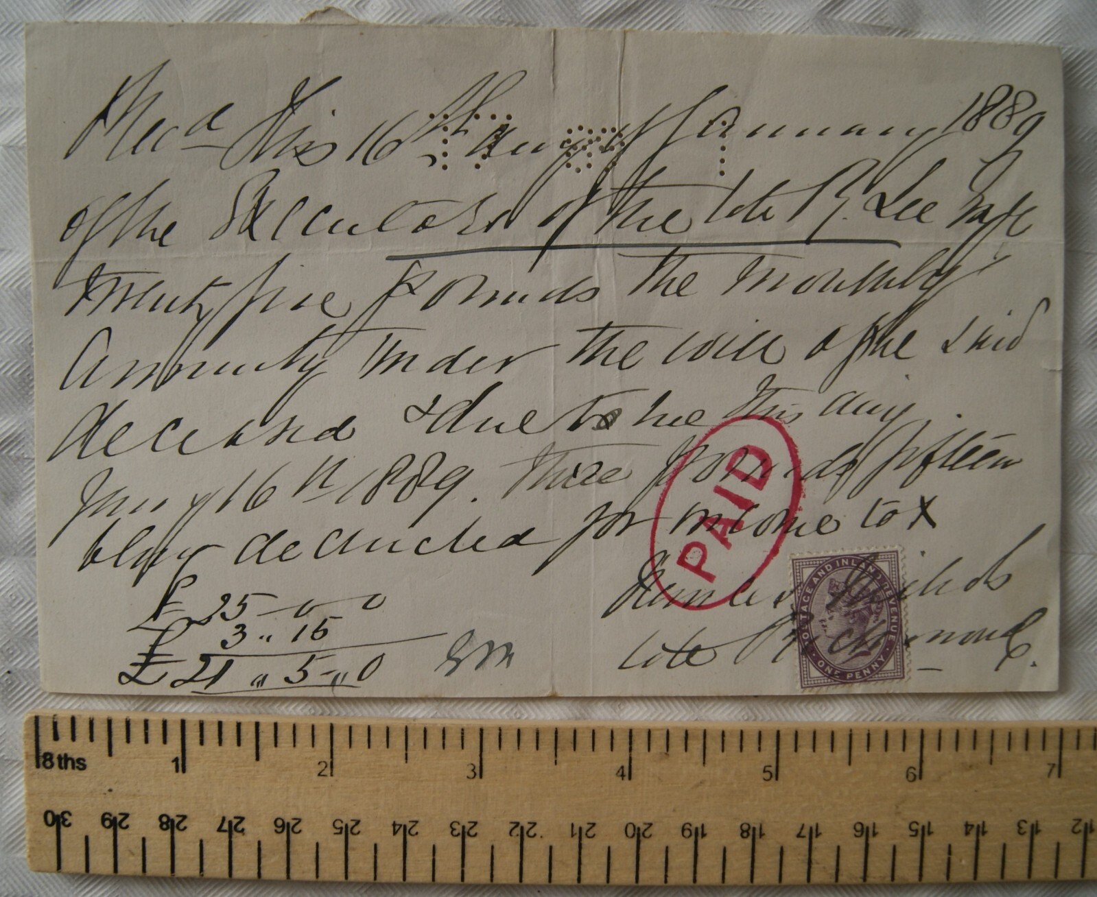 1889 recept with revenue, Jane Nichols late Richmond estate R. Lee 1889 recept with revenue, Jane Nichols late Richmond estate R. Lee