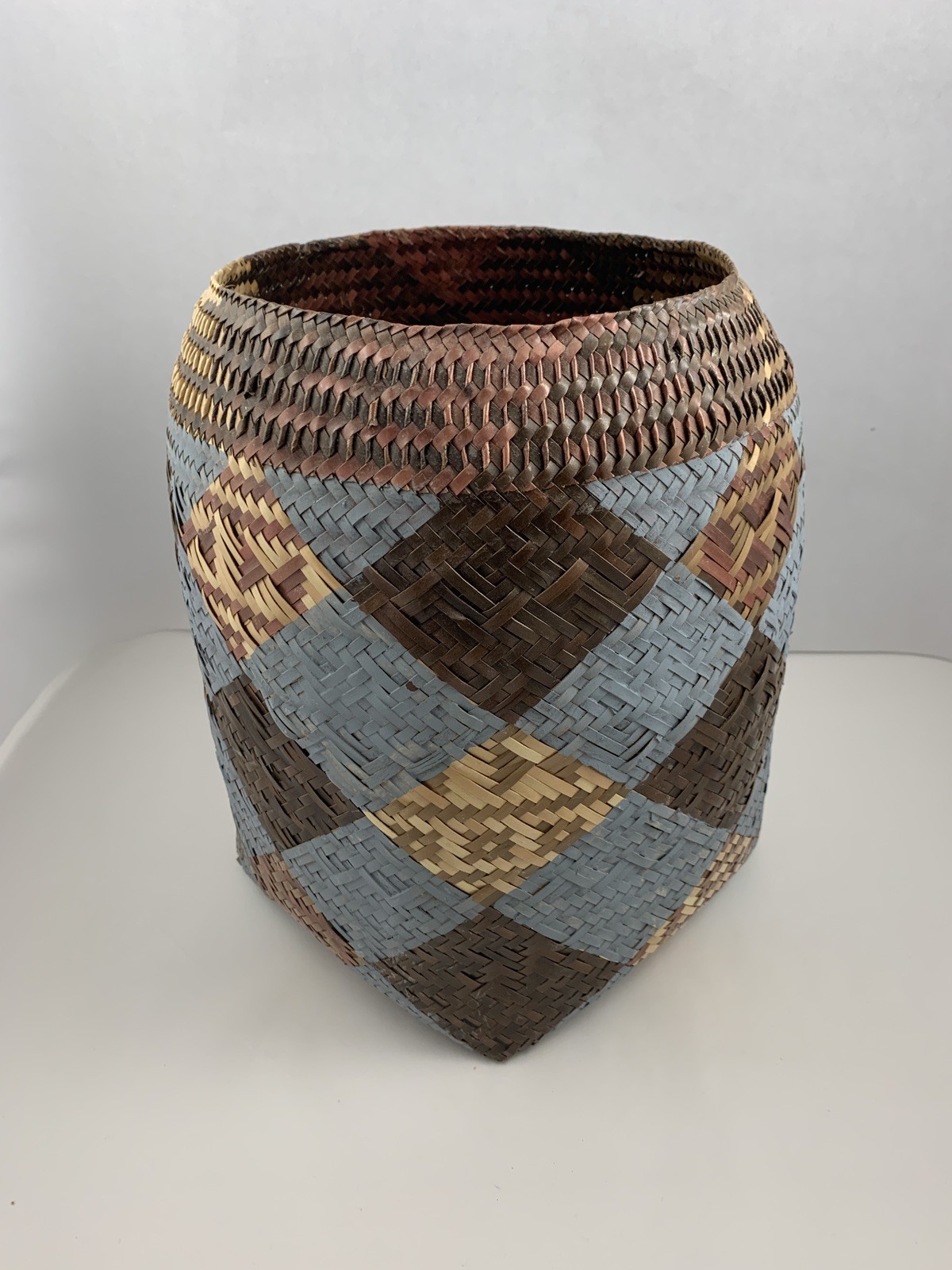 Native American Double Weave Rivercane Basket Cherokee Choctaw Painted Blue