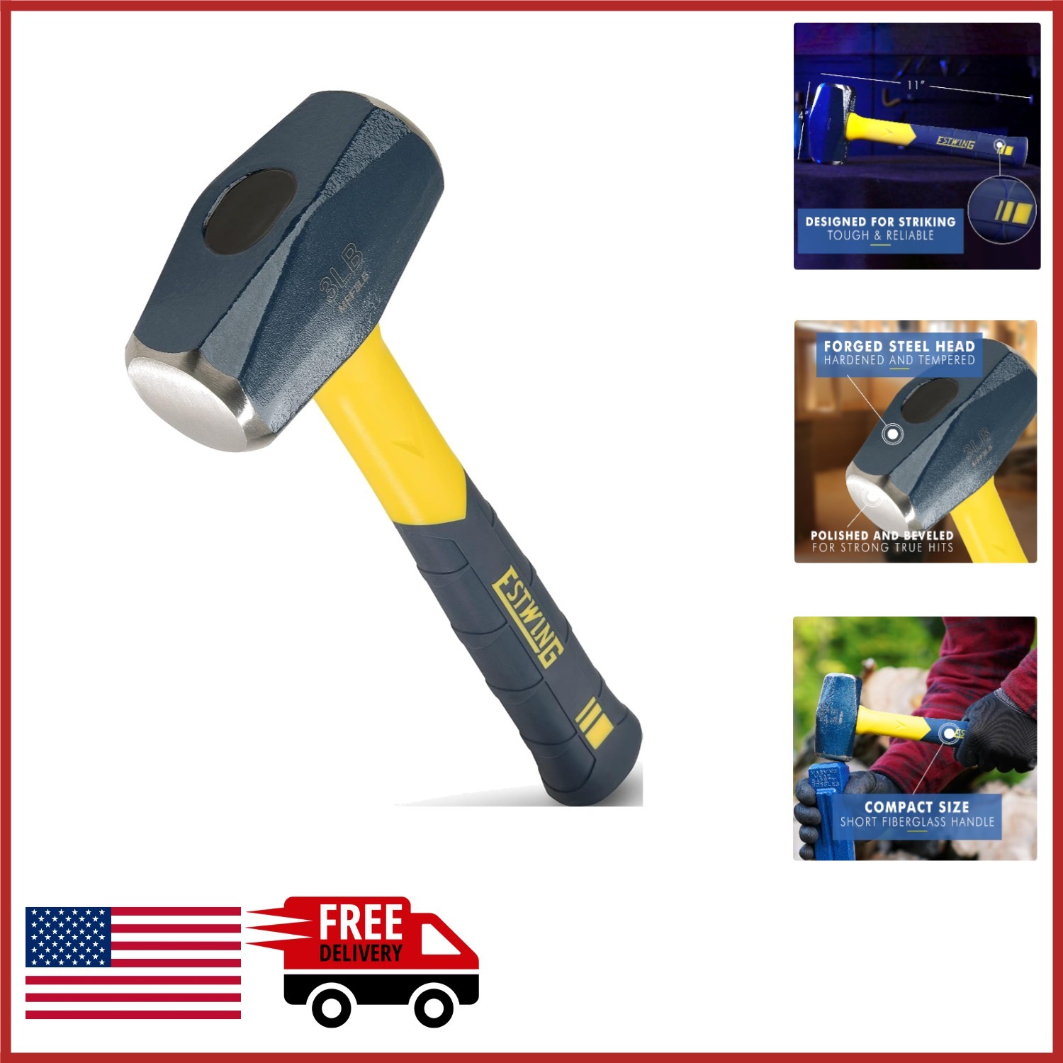 Versatile Drilling Hammer 3lb with Fiberglass Handle for DIY & Professional Use