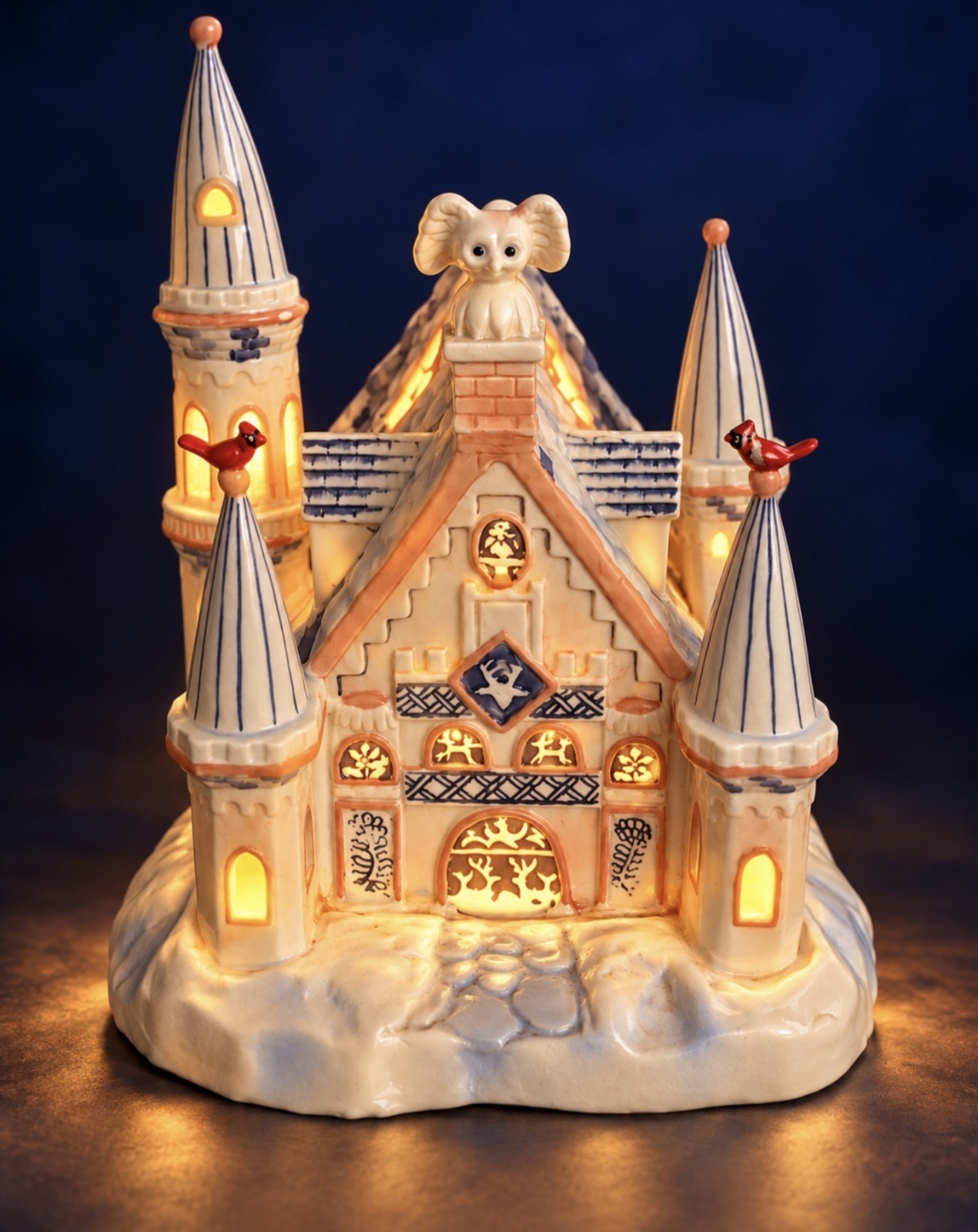 Vtg Silvestri Ceramic Lighted Snowy Castle w/ Owl/Cardinals Fairy-Tale Style Vtg Silvestri Ceramic Lighted Snowy Castle w/ Owl/Cardinals Fairy-Tale Style