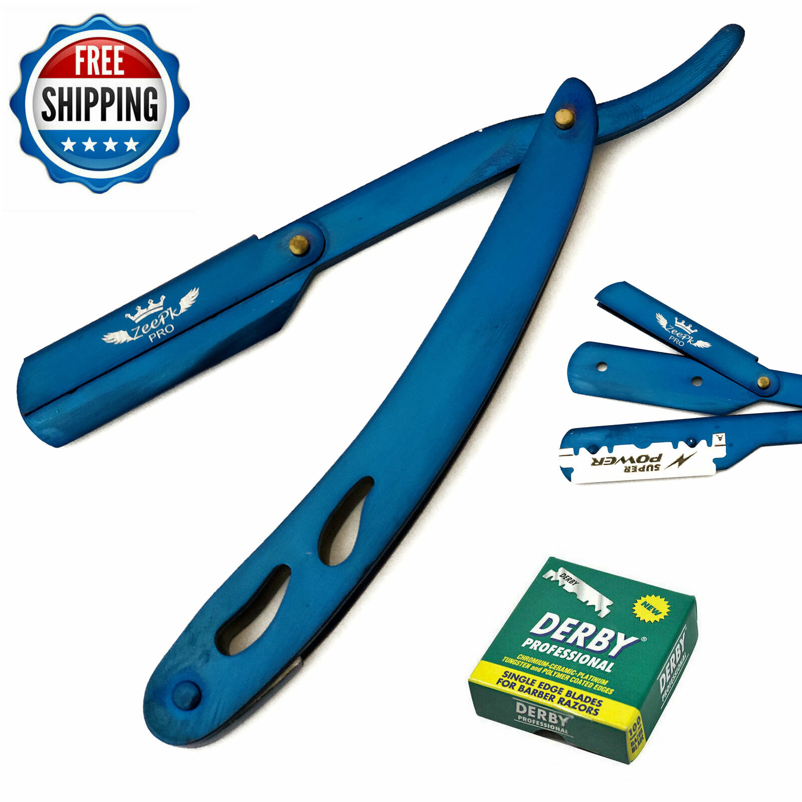BEARD CUT THROAT TITANIUM BLUE BARBER STRAIGHT SHAVING RAZOR + 100 DERBY BLADES