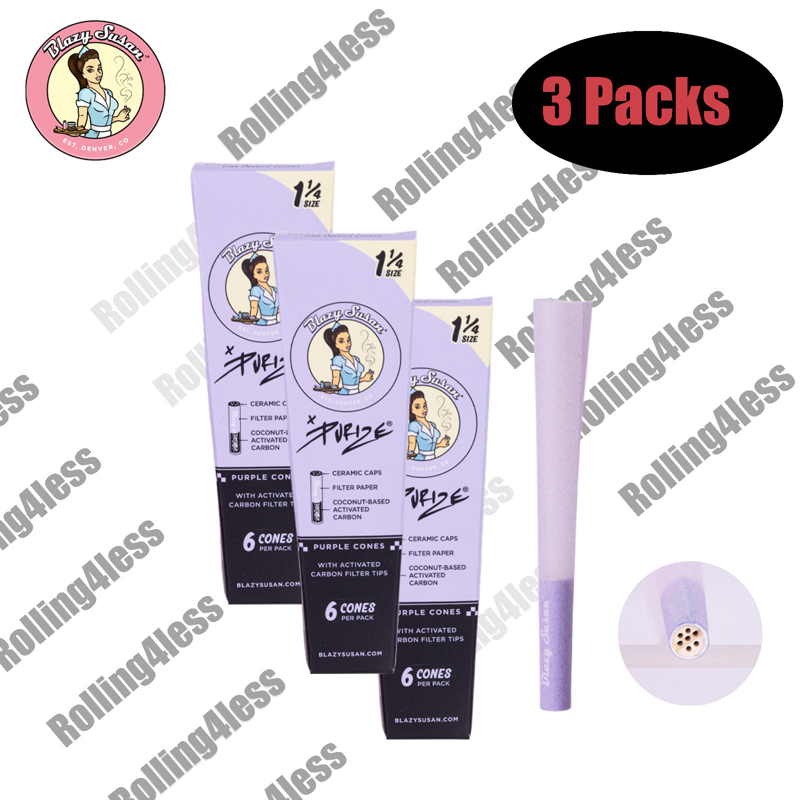 Blazy Susan Purple 1 1/4 Carbon Pre-Rolled Cones, 3 Packs (18 Cones) Blazy Susan Purple 1 1/4 Carbon Pre-Rolled Cones, 3 Packs (18 Cones)