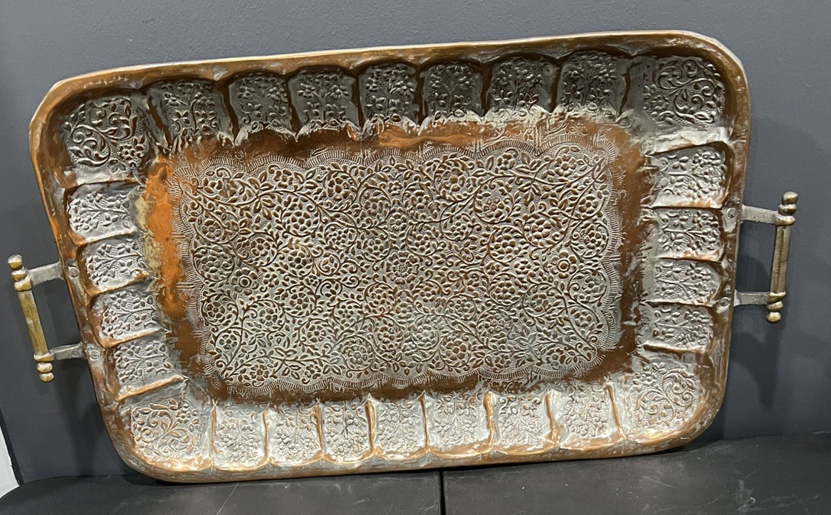 Antique Serving Tray Embossed Tinned Copper Persian Moroccan Antique Serving Tray Embossed Tinned Copper Persian Moroccan