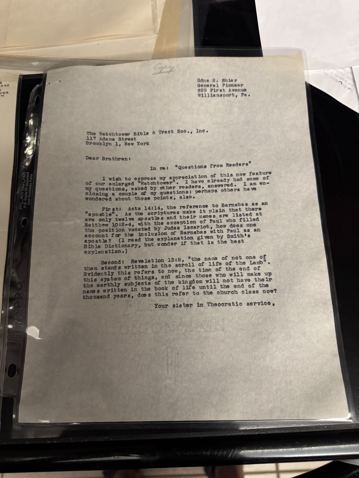 WATCHTOWER LETTER QUESTION FROM READER